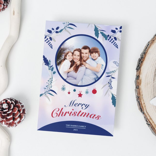 Cartão De Festividades Moldura Fotográfica Floral Azul Marinho Botânico | (Navy Blue Botanical Floral Photo Frame Christmas Holiday Card)