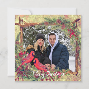 Cartão De Festividades Moldura para foto de cardeais de Natal vintage