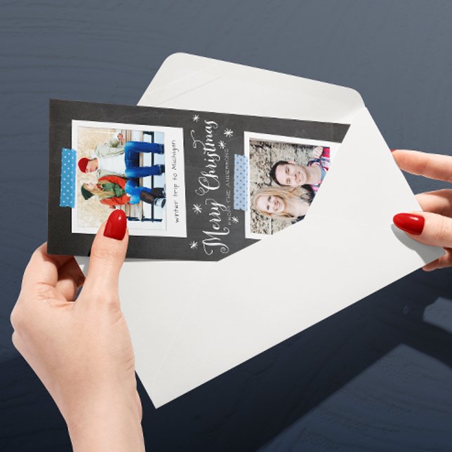 Cartão De Festividades Molduras de Foto Blue Washi e Chalkboard (Skinny two-photo Christmas card with ice blue Washi tapes and chalkboard lettering)