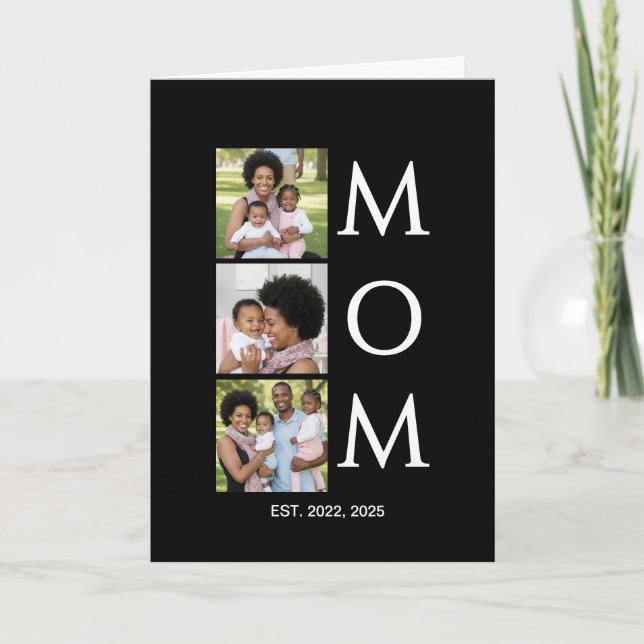 Cartão De Festividades Mom Est Established Caps 3 Photo Mothers Day (Frente)