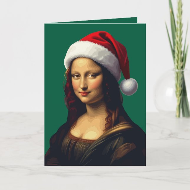 Cartão De Festividades Mona Lisa Chapéu de Papai Noel Férias de Natal Cor (Frente)