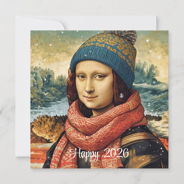 Cartão De Festividades Mona Lisa com gorro - Feliz 2026 (Frente)