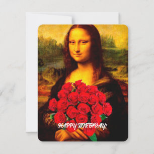 Cartão De Festividades Mona Lisa com rosas vermelhas Feliz aniversário