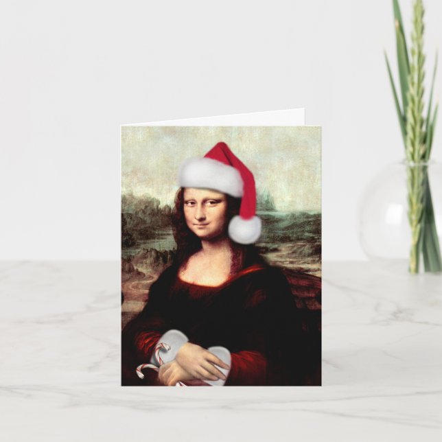 Cartão De Festividades Mona Lisa Santa Hat Natal (Frente)