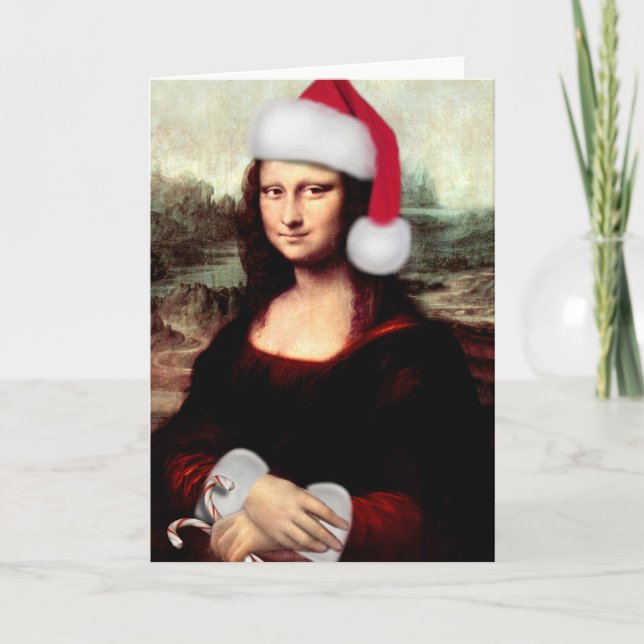 Cartão De Festividades Mona Lisa Santa Hat Natal (Frente)