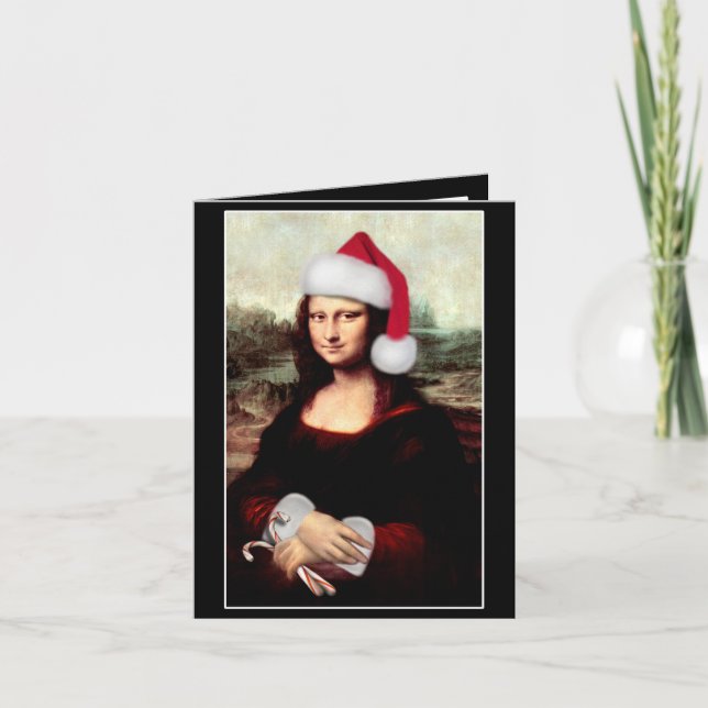 Cartão De Festividades Mona Lisa Santa Hat Natal (Frente)