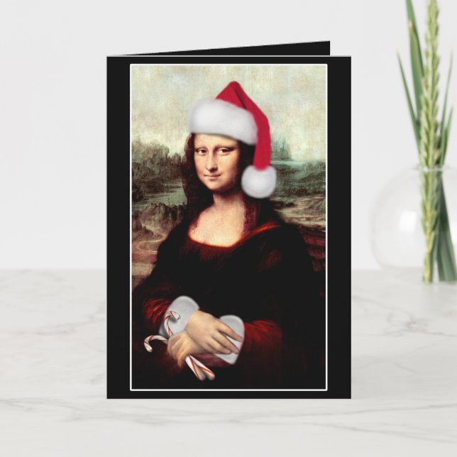 Cartão De Festividades Mona Lisa Santa Hat Natal (Frente)