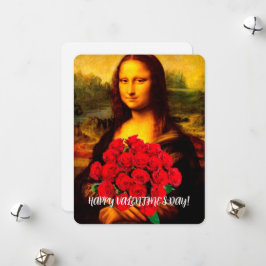 Cartão De Festividades Mona Lisa segurando Dia de os namorados rosa verme