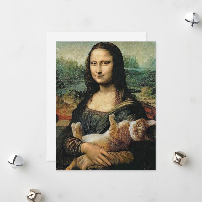 Cartão De Festividades Mona Lisa segurando seu gato (Frente/Verso In Situ)