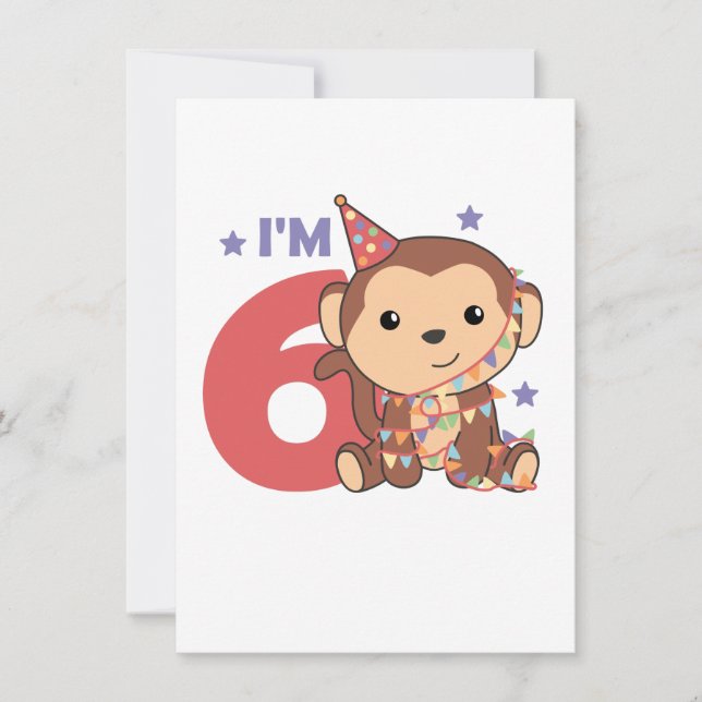 Cartão De Festividades Monkey Sixth Birthday Kids 6 Years Old Holiday Car (Frente)