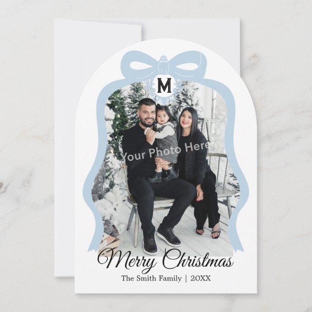 Cartão De Festividades Monogram Bow Photo Christmas Flat Card - Blue (Frente)