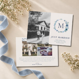Cartão De Festividades Monograma Aquarela Azul Coroa 4 Fotos Casamento