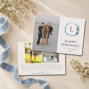 Cartão De Festividades Monograma Aquarela Família de 4 Fotos com Coroa Az