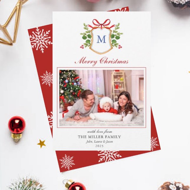 Cartão De Festividades Monograma Crest com Natal verde (Criador carregado)