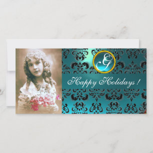 Cartão De Festividades Monograma de Aquamarina AZUL e DAMASK