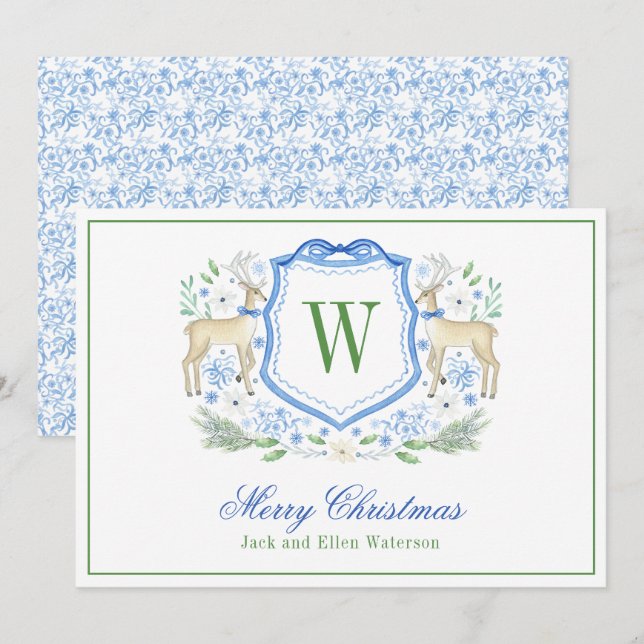 Cartão De Festividades Monograma de Aquarela Crest Inicial (Frente/Verso)