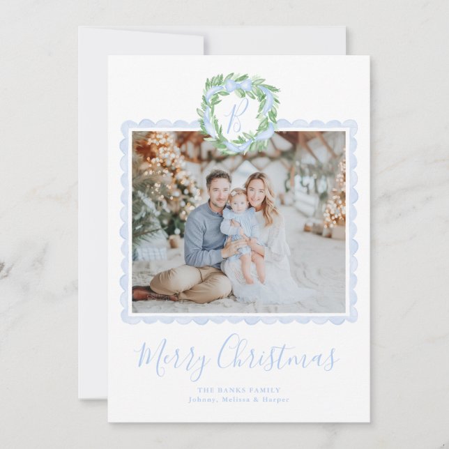 Cartão De Festividades Monograma de Coroa Grandmillennial Preppy  (Frente)