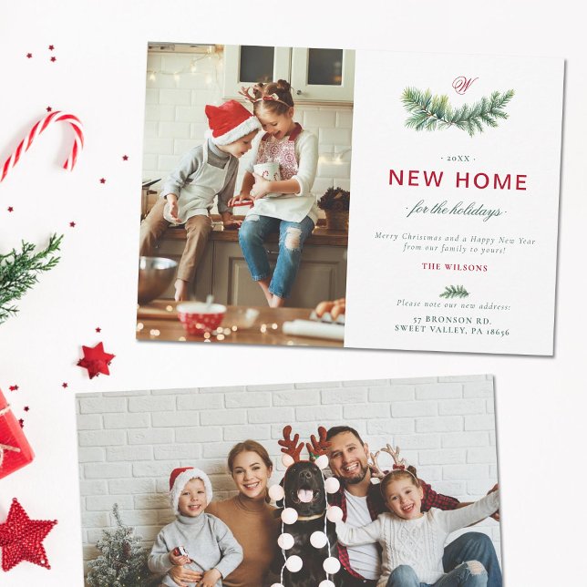 Cartão De Festividades Monograma de Família para Nova Casa com Elegante S (new home moving announcement address change family holiday card christmas green red spruce elegant)