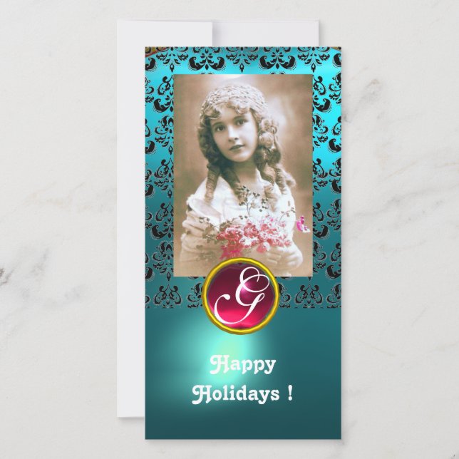 Cartão De Festividades Monograma de Red Ruby Negra e AZUL (Frente)