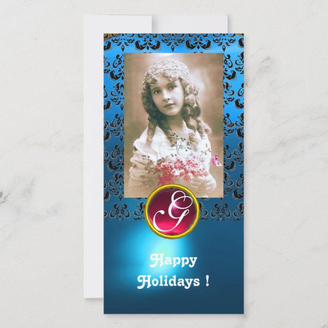 Cartão De Festividades Monograma de Red Ruby Negra e AZUL (Frente)