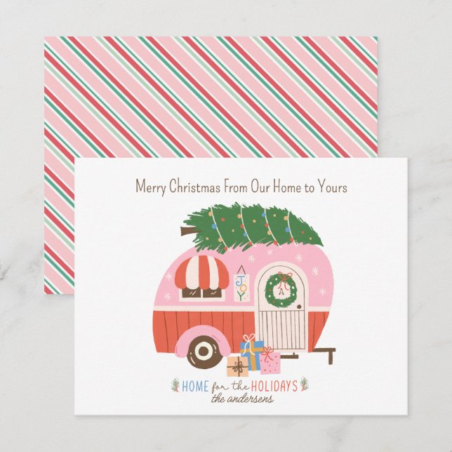 Cartão De Festividades Monograma do Camper Retro Retro Retron Pink da Árv (Frente/Verso)