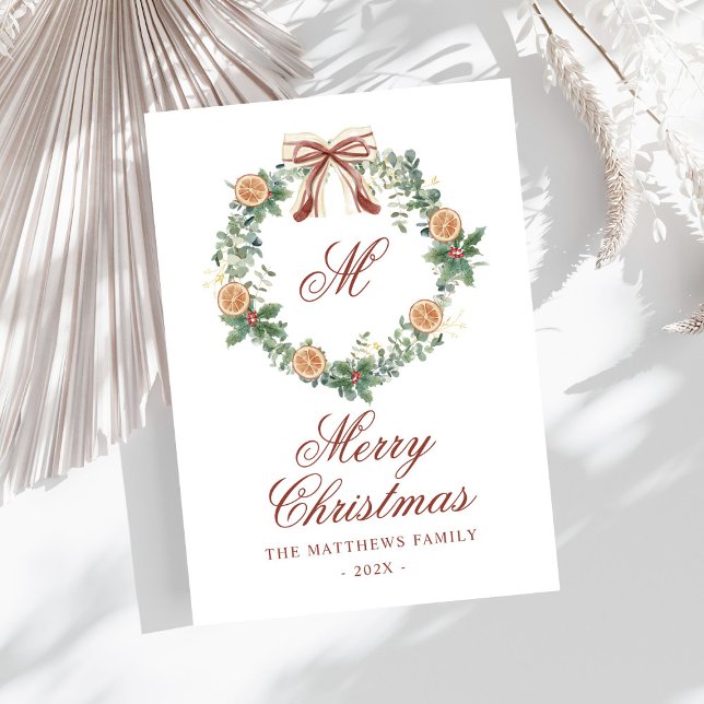 Cartão De Festividades Monograma Laranjas de Natal Arco sem Foto (Criador carregado)