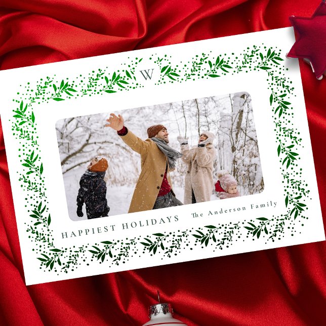 Cartão De Festividades Monograma monograma de folhas botânicas verdes (Criador carregado)