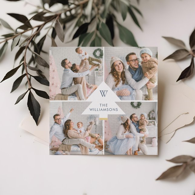 Cartão De Festividades Monograma Quatro da Árvore Branca Moderna de Natal (Modern White Christmas Tree Monogram Four Photo Holiday Card)