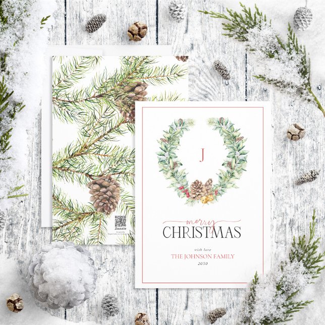 Cartão De Festividades Monograma Winter Cone Berry Wreath Feliz Natal (Criador carregado)