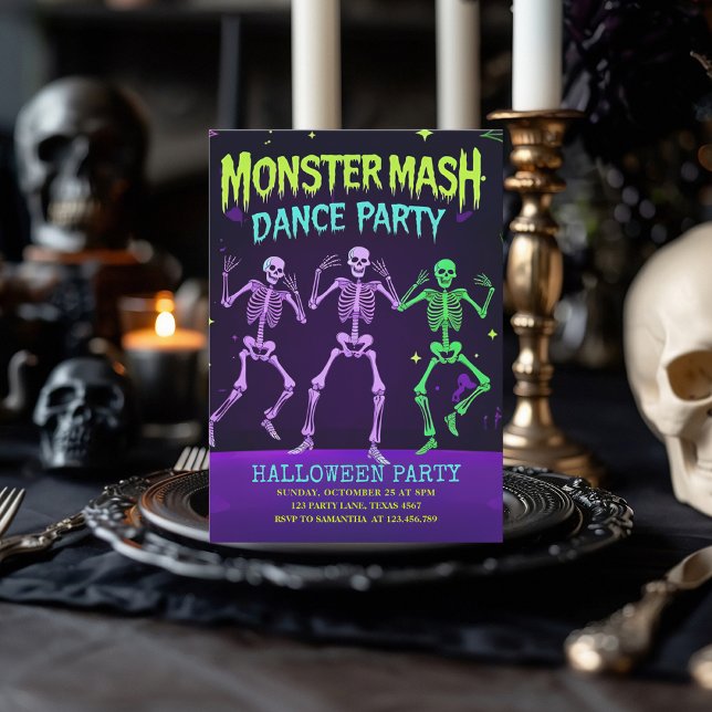 Cartão De Festividades Monster Mash Dance Party | Neon Skeleton (Criador carregado)