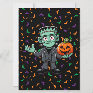 Cartão De Festividades Monstro de Frankenstein fofo com morcegos/abóbora