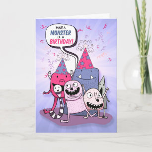 Cartão De Festividades Monstros de Cartoon Rosa e Púrpura de Aniversário