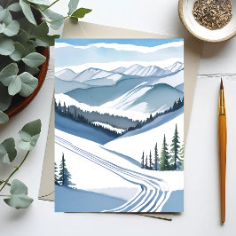 Cartão De Festividades Montanha de Esqui Aquarela