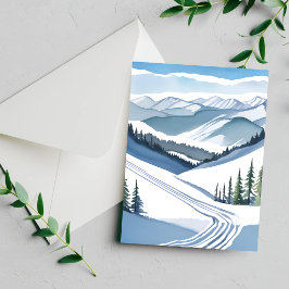 Cartão De Festividades Montanha de Esqui Aquarela
