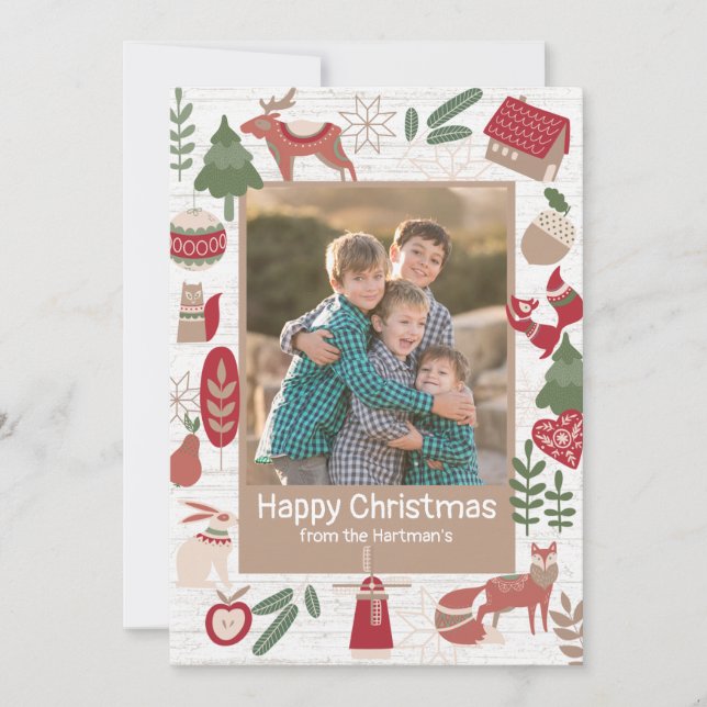 Cartão De Festividades Montanha Lodge Holiday Folk Art com Foto (Frente)
