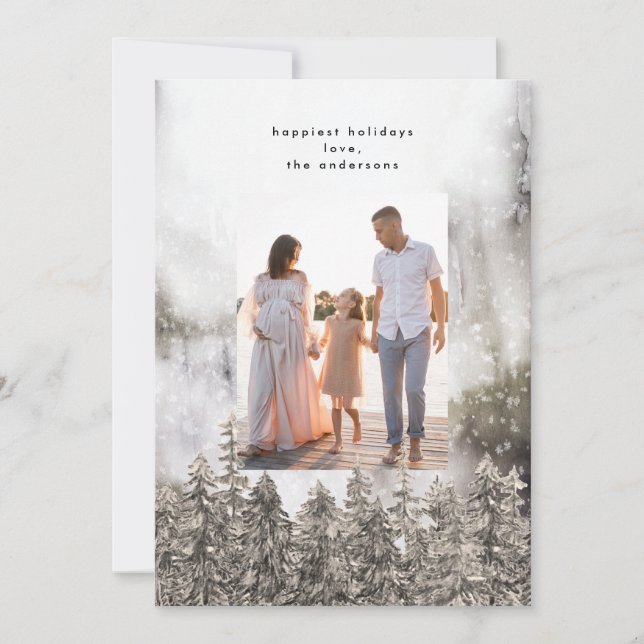 Cartão De Festividades Montanhas Neves Árvores Natal Uma Foto (Frente)