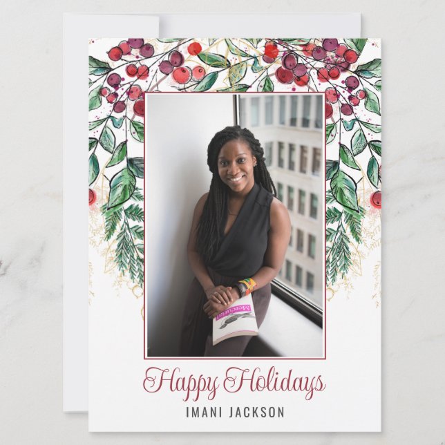 Cartão De Festividades Morangos em Aquarela e Natal com Foto de Sempre-ve (Frente)