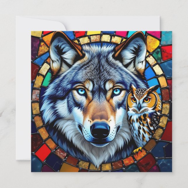 Cartão De Festividades Mosaic Style Owl and Wolf | Blank (Frente)