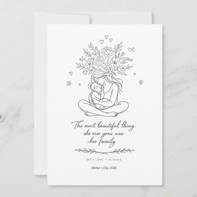 Cartão De Festividades Mothers Day Botanical Line Art Card Floral Mom  (Frente)