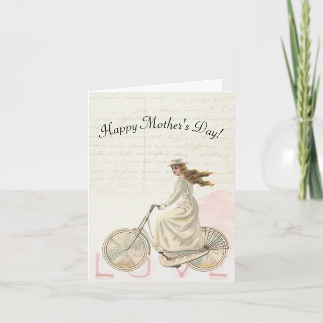 Cartão De Festividades Mother's Day Victorian Woman Riding a Bike Love (Frente)