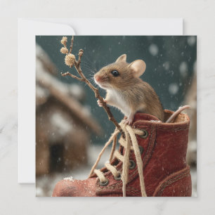 Cartão De Festividades Mouse Adorável em Inicialização Miniatura na Neve