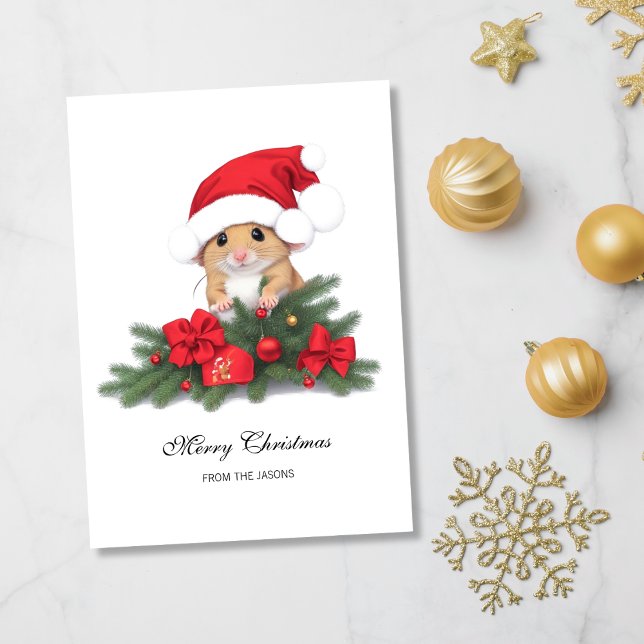 Cartão De Festividades Mouse bonito com o Red Hat Xmas personalizado (Cute Mouse with Red Santa Hat Holiday Card)