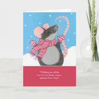 Cartão De Festividades Mouse tocando na placa de estação festiva da neve