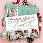 Cartão De Festividades Mr And Mrs First Christmas Photo Collage Wedding<br><div class="desc">'Love, peace, joy, kisses. Our first Christmas as Mr. and Mrs.' colorful mix typography, holiday wedding announcement / 4 photo collage flat card. Designed / original artwork by fat*fa*tin. Easy to personalize with your own text message, name, year, photo, or image. More editing features are available on the 'edit design'...</div>