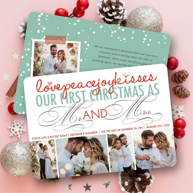 Cartão De Festividades Mr And Mrs First Christmas Photo Collage Wedding (Love Peace Joy Kisses - Mr & Mrs First Christmas - 4 Photo Collage Holiday Wedding Card by fatfatin)