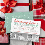 Cartão De Festividades Mr And Mrs First Christmas Photo Collage Wedding<br><div class="desc">'Love, peace, joy, kisses. Our first Christmas as Mr. and Mrs.' colorful mix typography, holiday wedding announcement / 4 photo collage flat card. Designed / original artwork by fat*fa*tin. Easy to personalize with your own text message, name, year, photo, or image. More editing features are available on the 'edit design'...</div>
