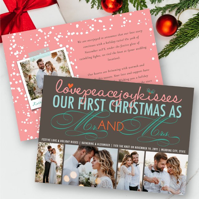 Cartão De Festividades Mr & Mrs First Christmas 4 Photo Holiday Wedding (Love Peace Joy Kisses - Mr & Mrs First Christmas 4 Photo Holiday Wedding Announcement by fat*fa*tin)