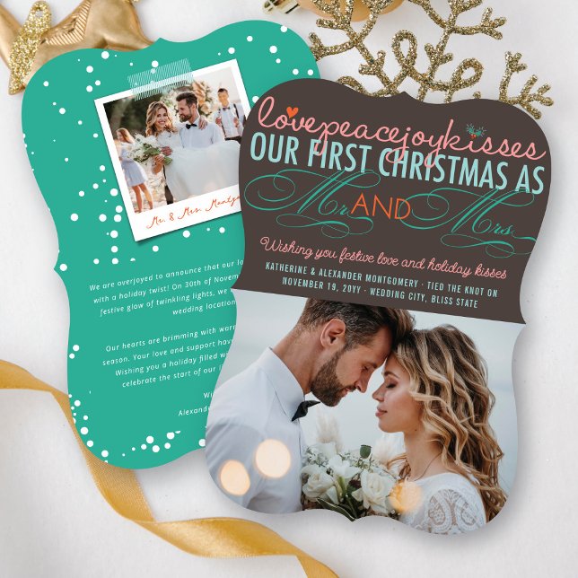 Cartão De Festividades Mr & Mrs First Christmas Mistletoes Photo Wedding (Colorful Love Peace Joy Kisses Our First Christmas As Mr & Mrs Holiday Wedding Photo Card @ fatfatin)