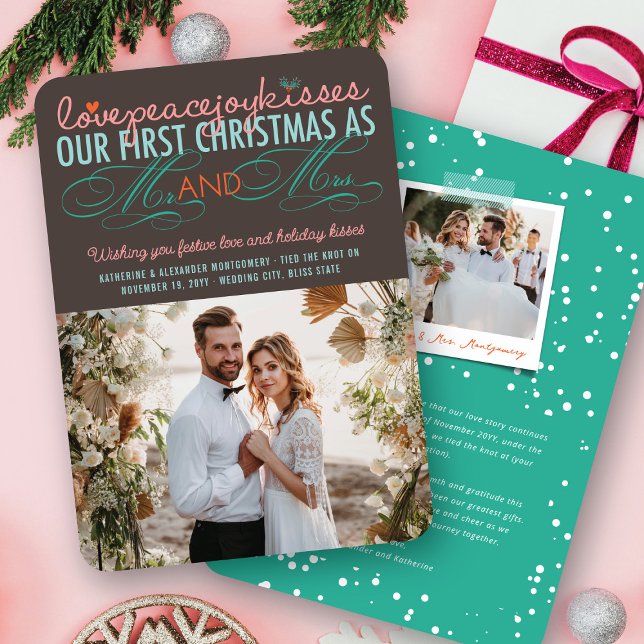 Cartão De Festividades Mr & Mrs First Christmas Mistletoes Photo Wedding (Colorful Love Peace Joy Kisses Our First Christmas As Mr & Mrs Holiday Wedding Photo Card @ fatfatin)