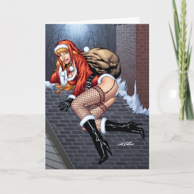 Cartão De Festividades Ms Claus On The Rooftop Delivering Santas Presents (Frente)